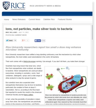 Studies on colloidal silver Rice University Ions not Particles kill bacteria